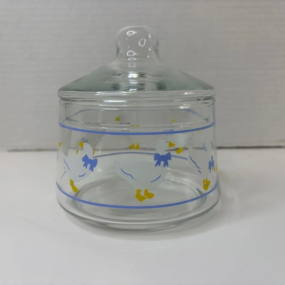 Vtg Clear Glass Goose Canister Blue Bow Farmhouse Storage Jar 5in Cottagecore